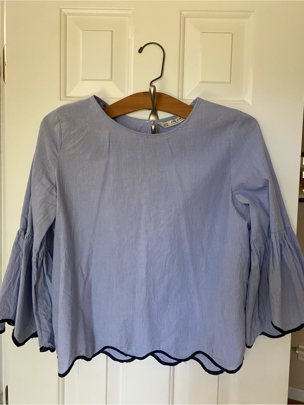 Zara Light Blue Bell Sleeve Top with Scalloped Trim